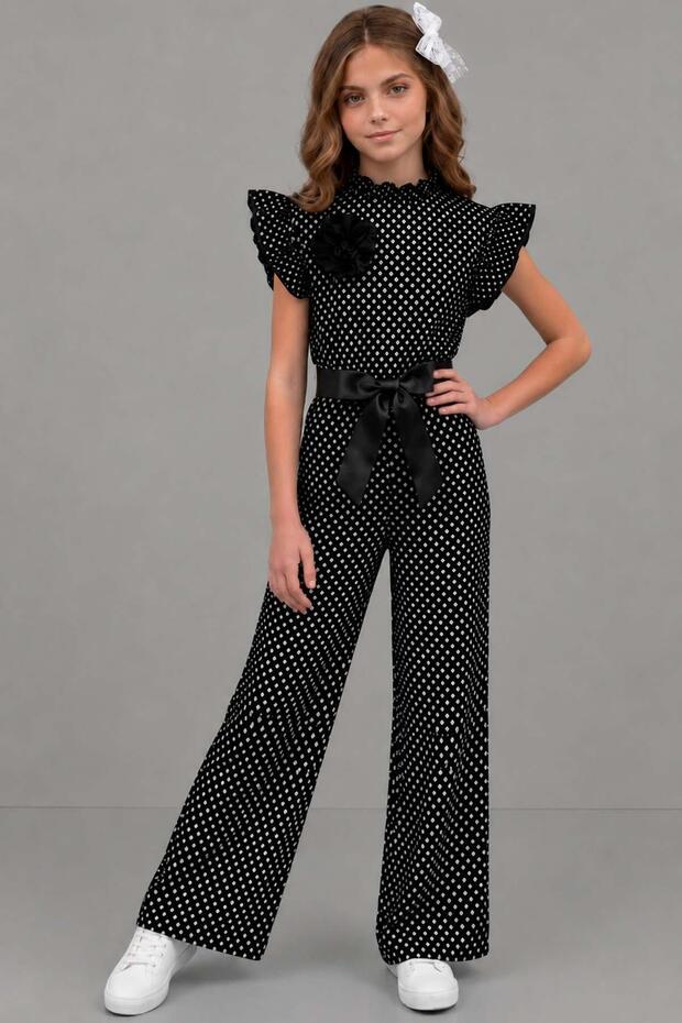 Girl's Black Jumpsuit with Ruffle Detail on the Collar and Shoulders and Polka Dots All over
