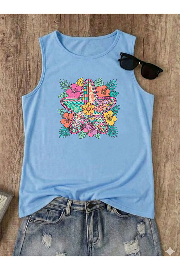 Tropical Sea Star Printed Sleeveless Crew Neck Women's Tshirt