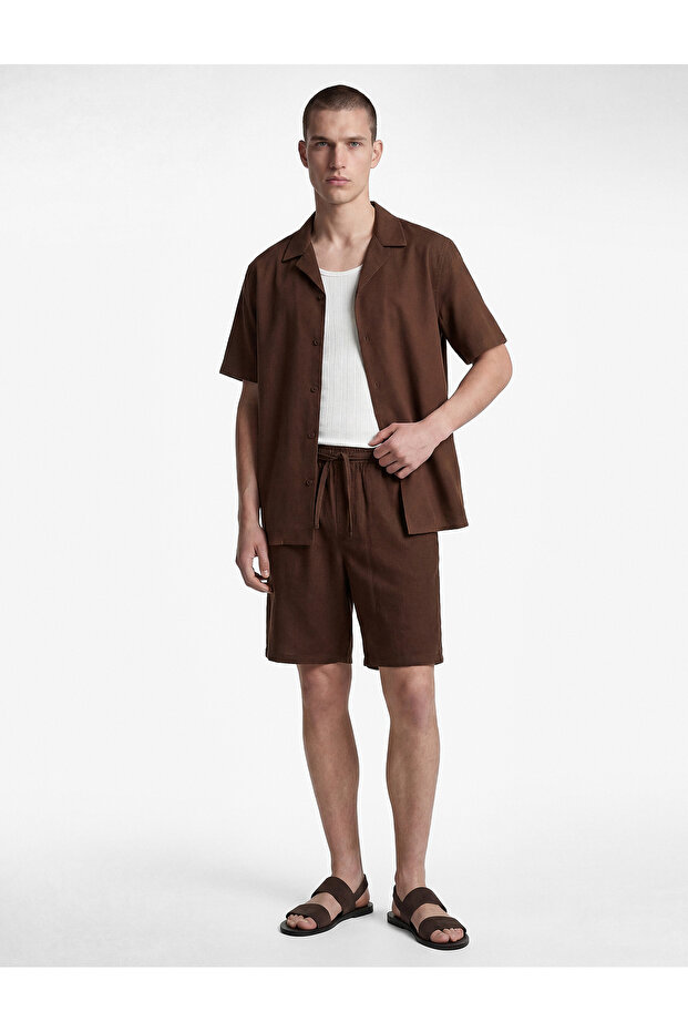 Regular Fit Pocketed Elastic Detailed Lace-Up Bermuda Cotton-Linen Blend Shorts