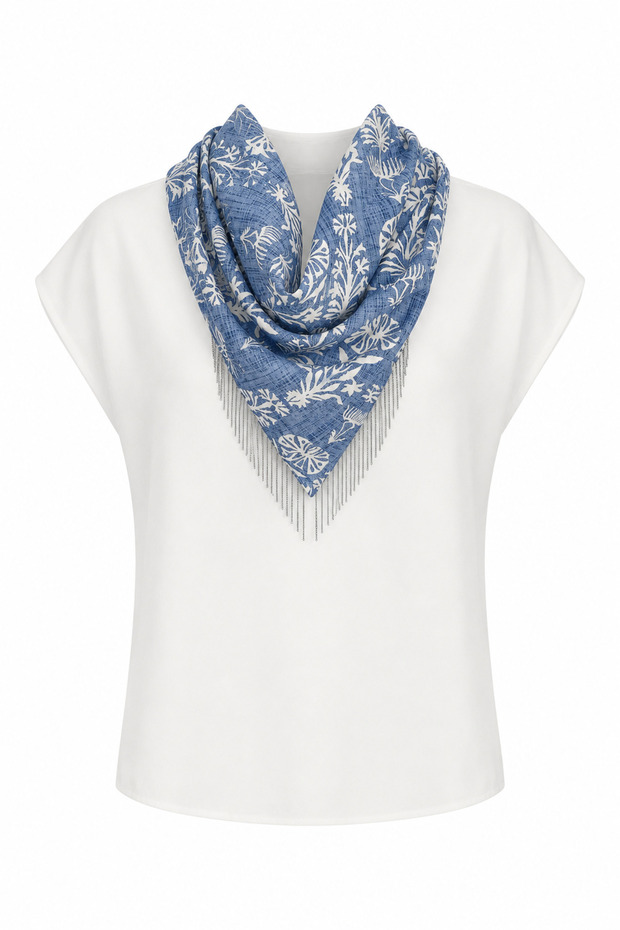 White Blouse with Blue Scarf