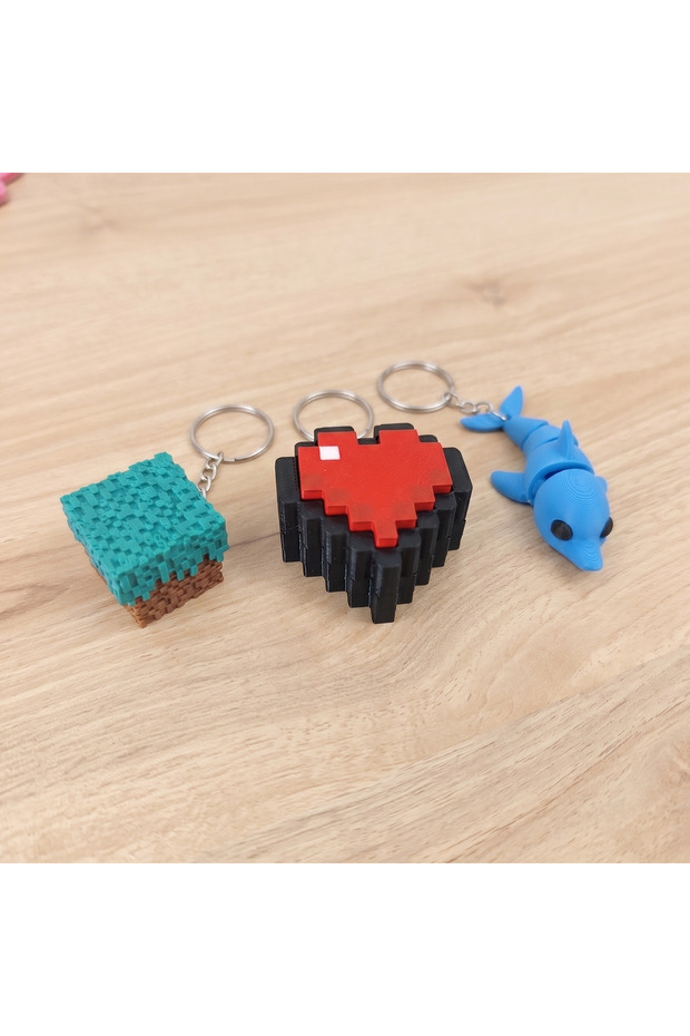 Set of 3 Movable Stress Keychains and Bag Ornaments - Antistress Accessory with Movable Joints (Heart-Grass-Dolphin)