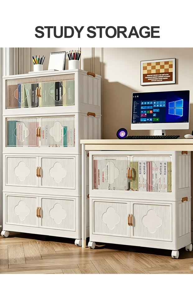 Foldable Stackable Storage Cabinet with Magnetic Doors & Wheels - 7