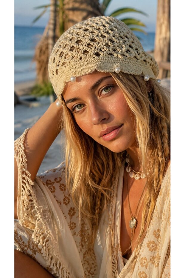 Beige Hand Knitted Pearl Bead Detailed Mesh Hat Beanie