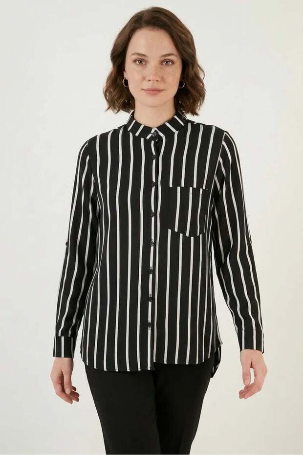 Women's Striped Viscose Black Shirt