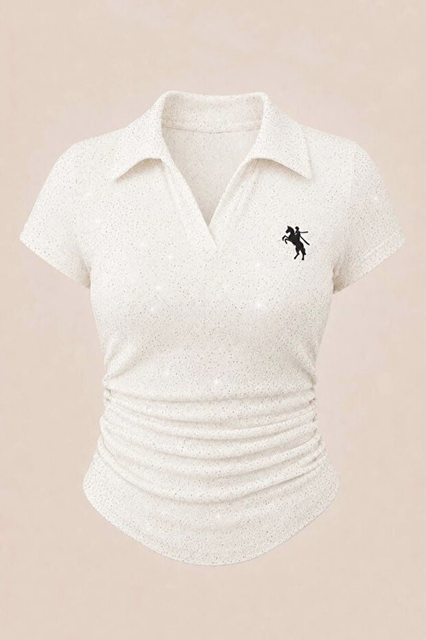 Plus Size Sim Detailed Polo Collar Gathered Blouse