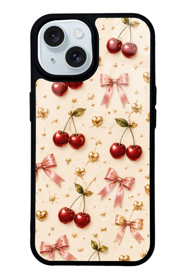 iPhone 15 Cherry Ribbon Luxe Design Glossy Phone Case