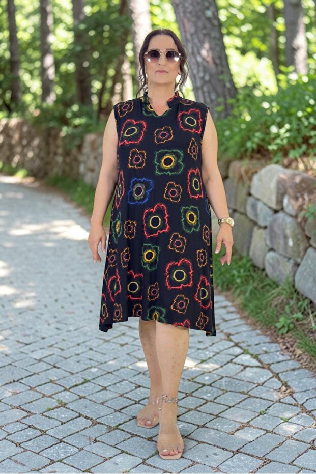 Polo Collar Asymmetric Cut Jopone Sleeves (Sleeveless) Ethnic Patterned Oversized Large Size Combed Cotton Dress
