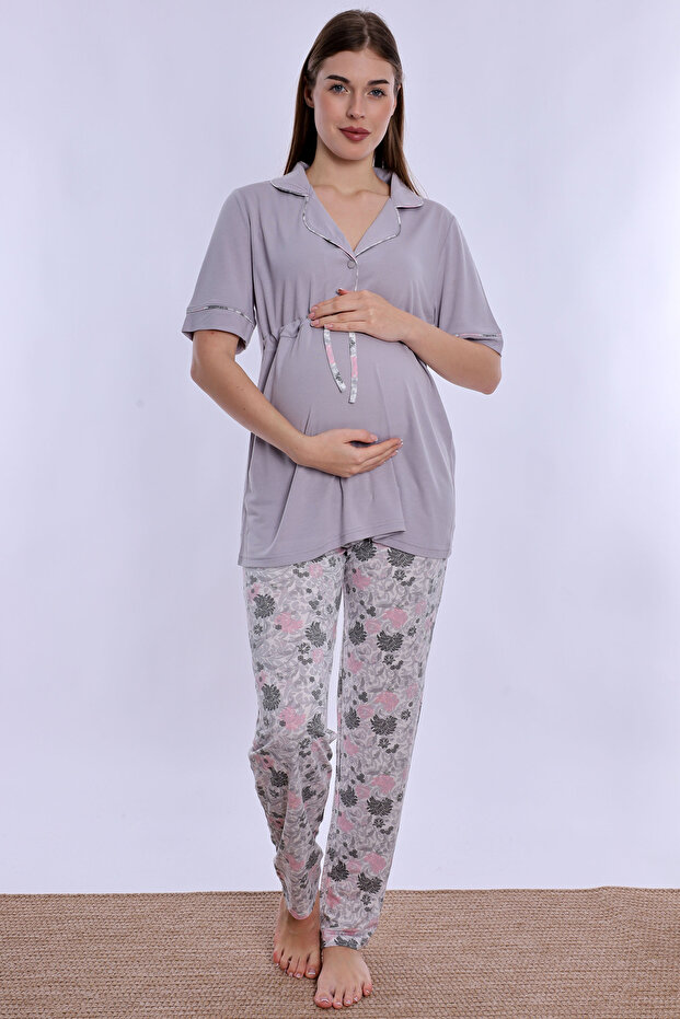 Short Sleeve Soft Textured Cotton Maternity Set Effortt - Gray