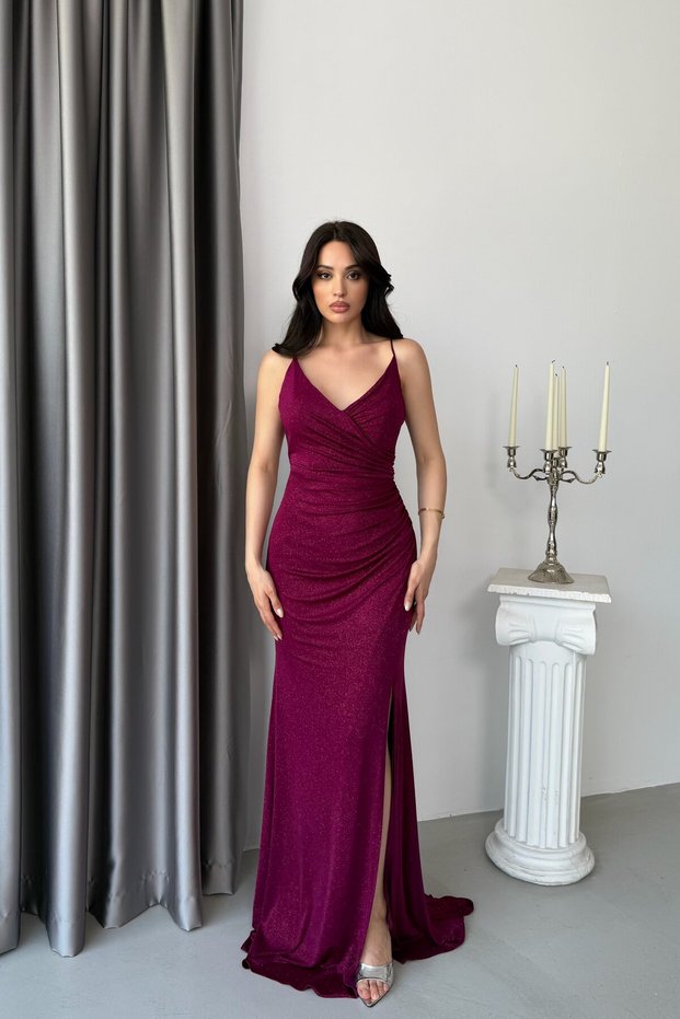 Plum Thin Straps Draped Slit Long Evening Dress