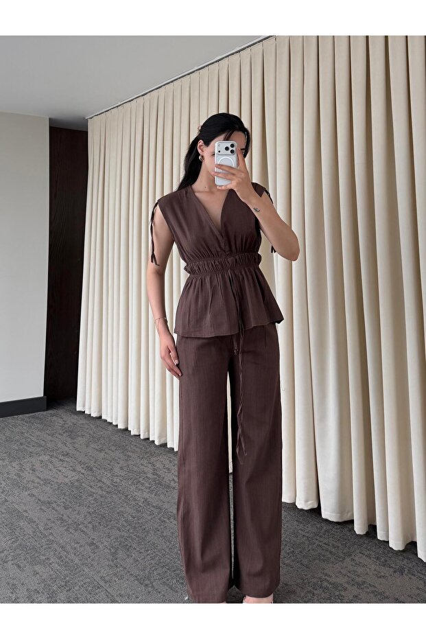 Brown 100% Cotton Shoulder Waist Drawstring Blouse and Trousers Set - Y286120