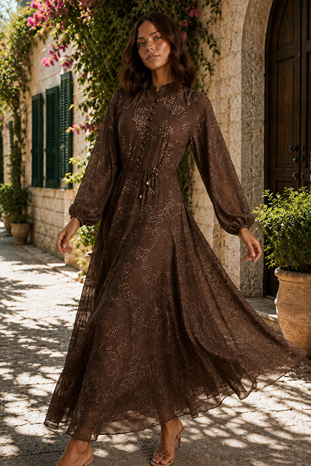 Printed Buttoned Hijab Dress A3001 Brown
