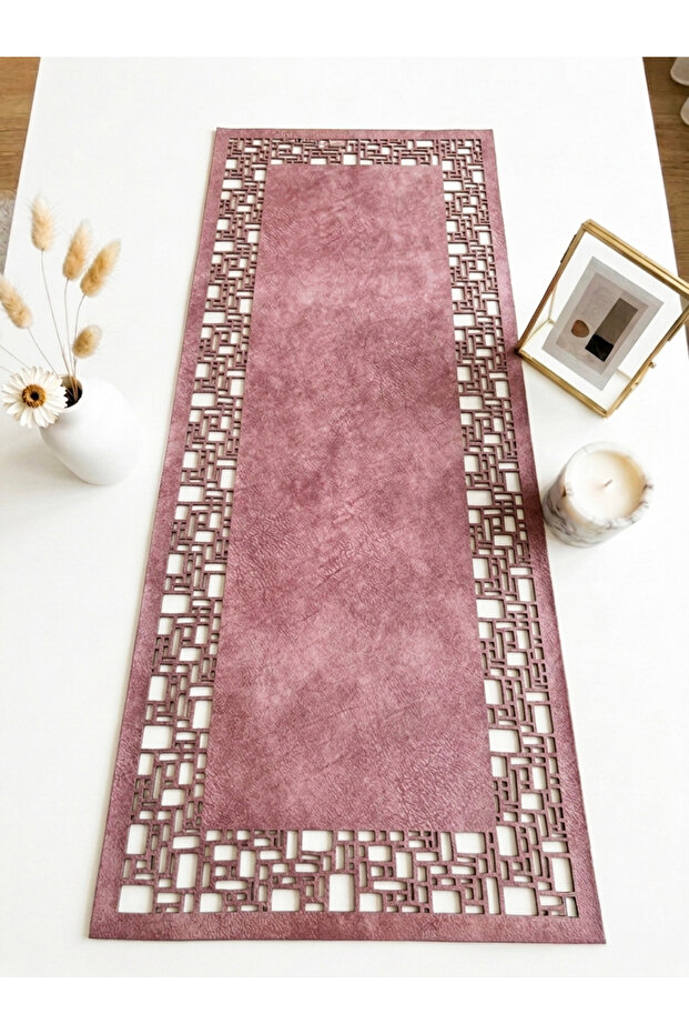 Pink Suede Fabric Runner 40X100 cm Coffee Table Size - Geometric Quadrilateral Pattern