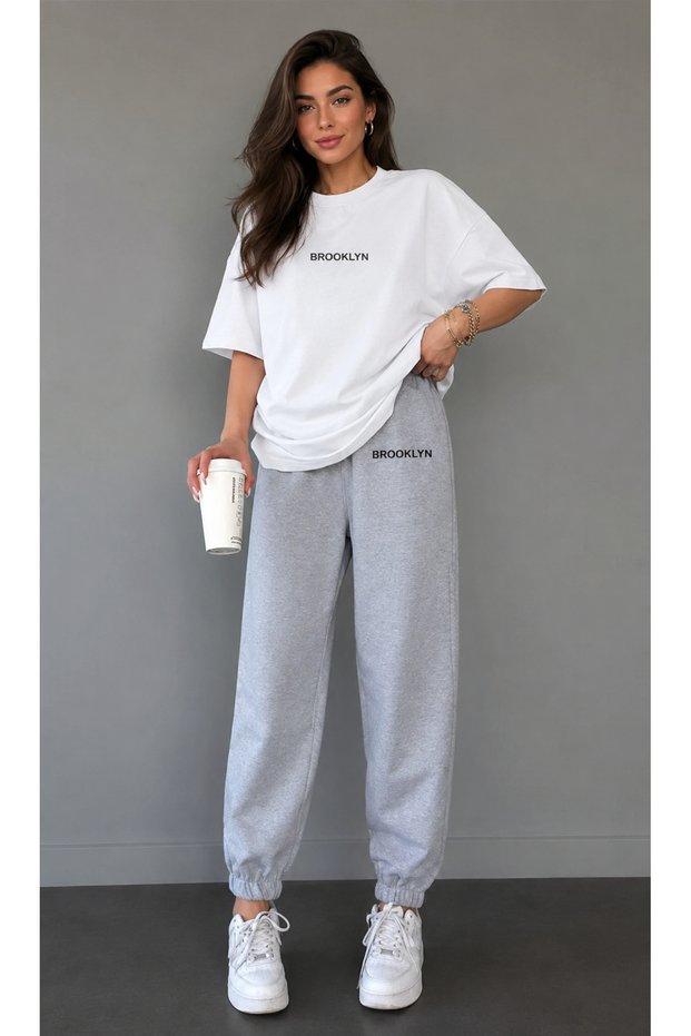 Brooklyn T-Shirt Sweatpants Jogger - White Bottom Top Sweatpants Set Crew Neck