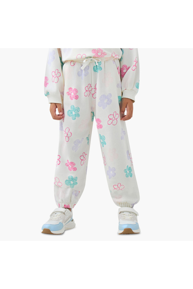 Girls Joggers with Floral Print - Cotton - Drawstring Waist