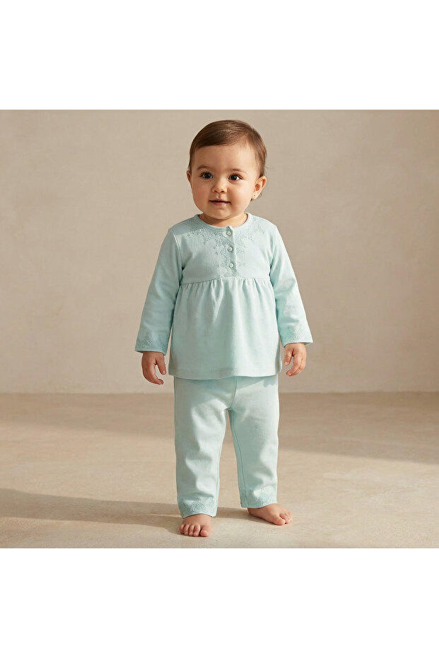 Cotton Henley Neck Long Sleeve Pyjama Set with Embroidery