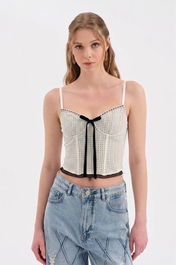 Women's Double Fabric Look Corset with Lace-Up Detail on the Front