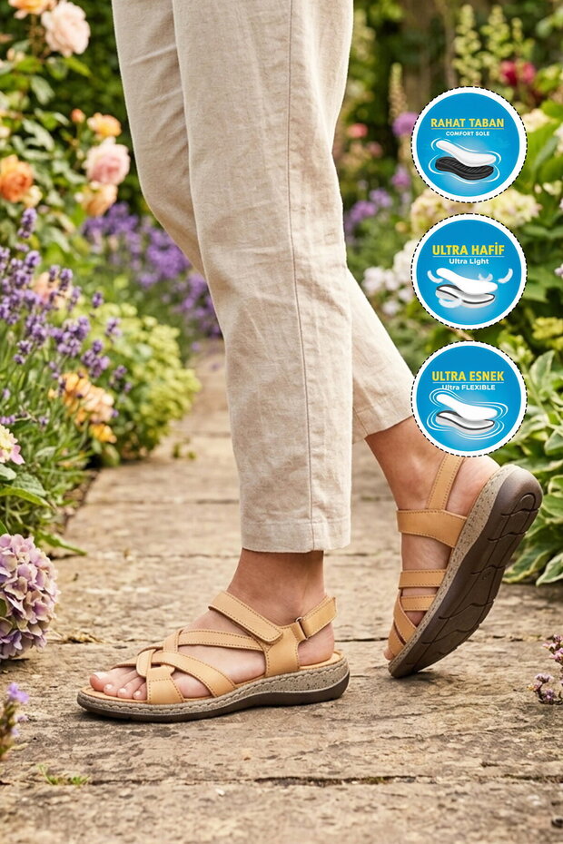 Beige Genuine Leather Soft Sole Women's Sandals 22337 Z