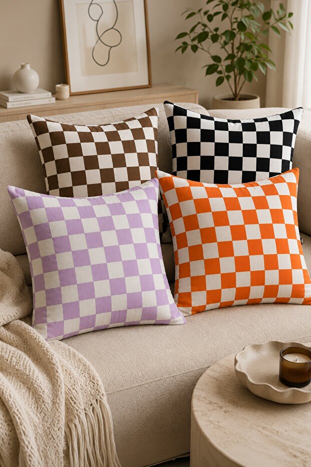 Set of 4 Cushion Covers with Colorful Squares Pattern