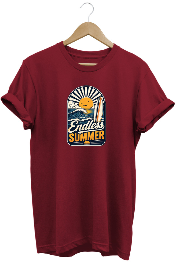 تي شيرت Endless Summer للجنسين مطبوع عليه موجة ركوب الأمواج بتصميم صيفي عادي وياقة دائرية