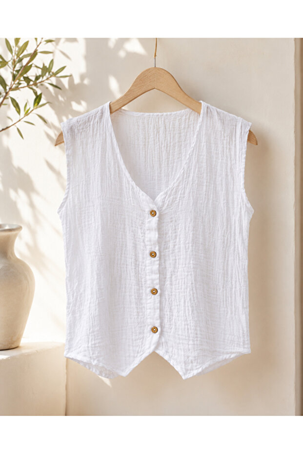 Women's 100% Cotton Muslin V-Neck Buttoned Sleeveless Blouse Summer Shirt