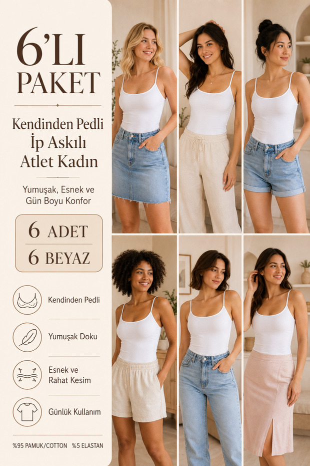 Women's 95% Cotton Strapless Padded 6-Piece Basic Undershirt - Flexible & Comfortable 6-Piece Bra Singlet