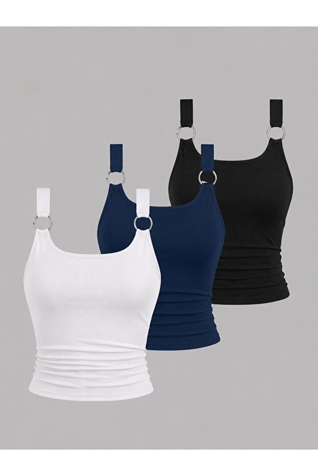 Women's 3-Pack Ring Detail Black - White - Navy Blue Slimfit Body-Fitting 100% Cotton Lycra Basic Blouse