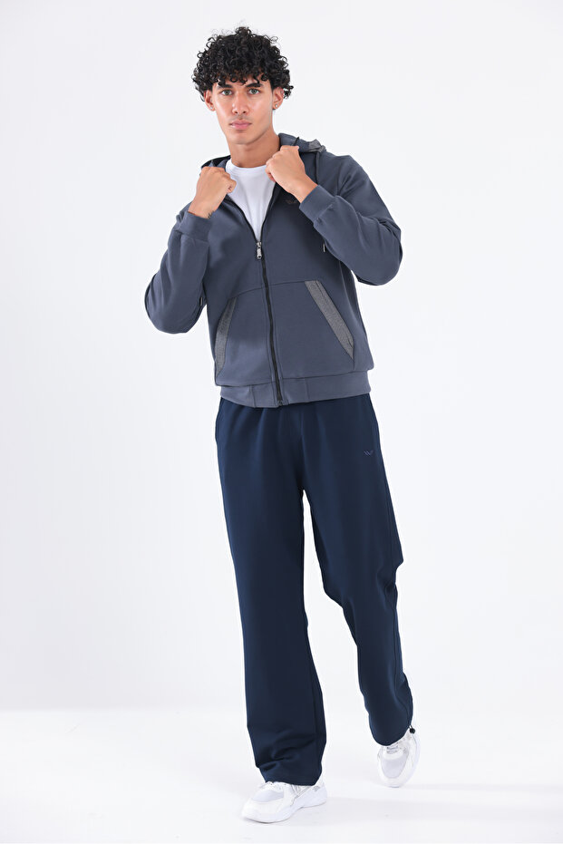 Modal Fabric Hooded Zippered Men's Sweatshirt with Contrast Detail