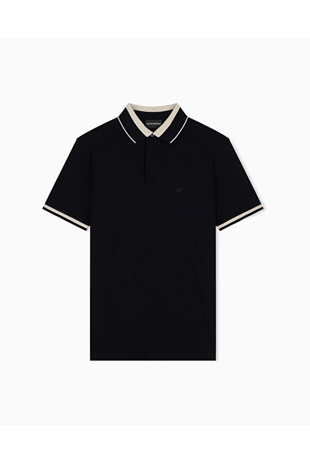 Men's Regular Cut Eagle Logo Embroidered Cotton Pique Fabric Short Sleeve Black Polo Collar T-Shirt