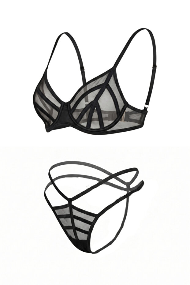 Vespera Aura - Black Thin Tulle and Ribbon Detailed Bra Set