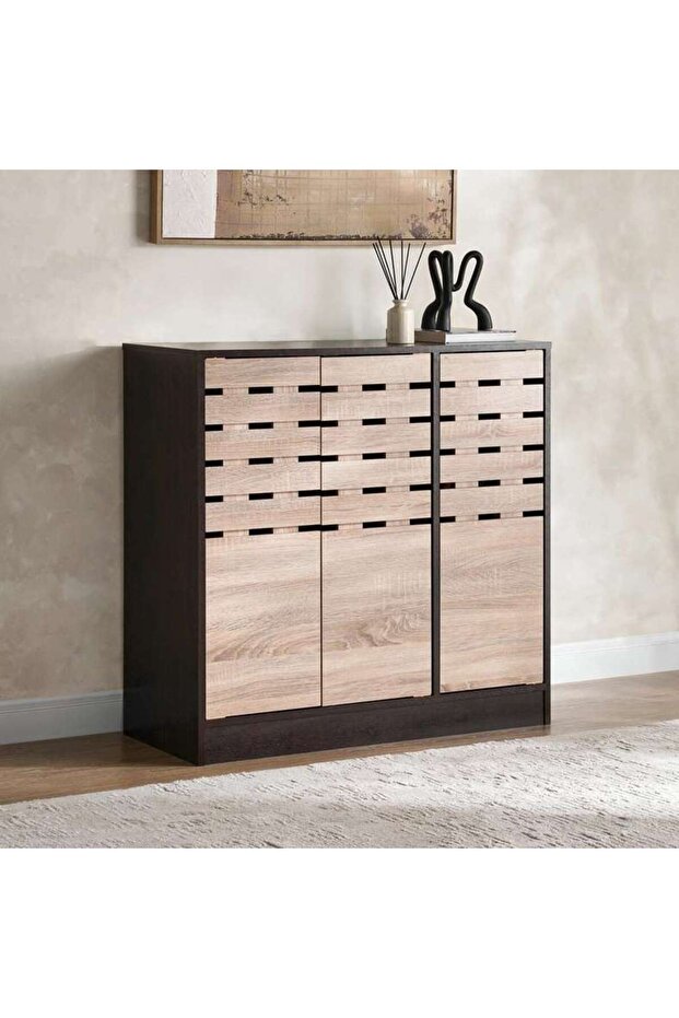 Taziva Shoe Rack 16 Pairs With 3 Door - Wenge & Sonoma