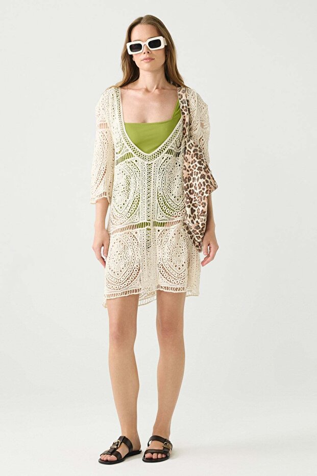 Deep Neckline Knitwear Beach Dress Beige