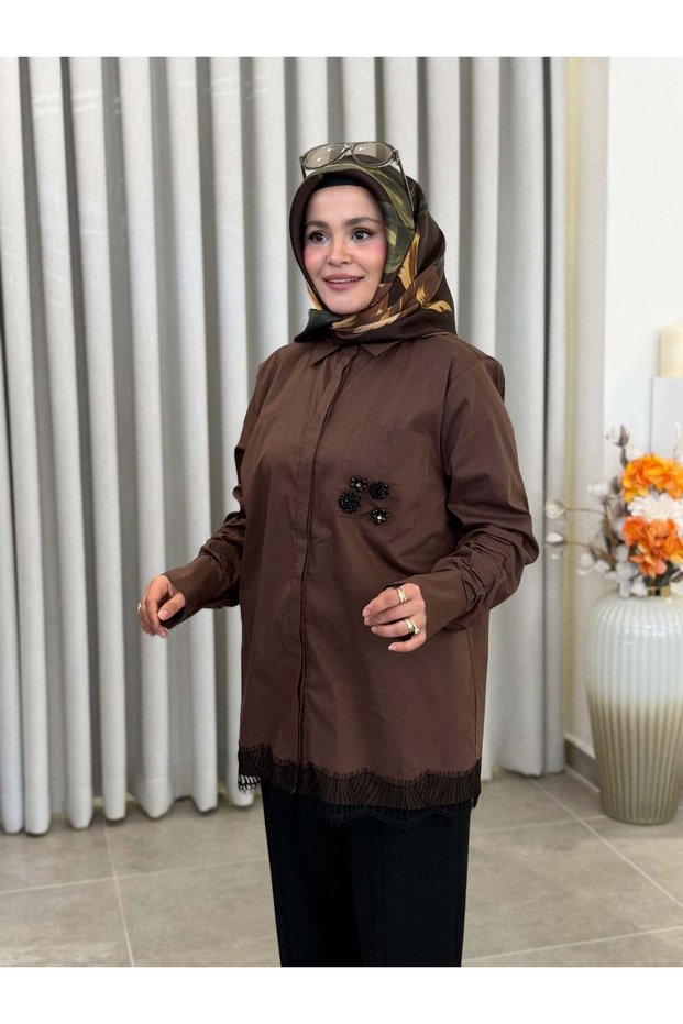 Lace-Detail Brooched Shirt Brown