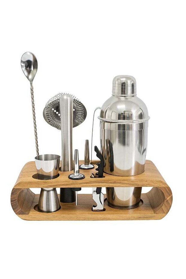 10-Piece Stainless Steel Bar Stylish Tool Set with Acacia Wood stand - Perfect Home Bartending Kit