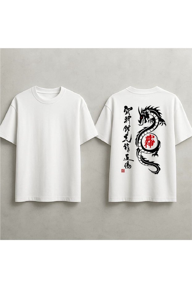 Oversized T-Shirt with Dragon Print in Japanese Design