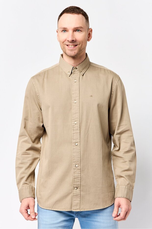 Men Comfort Fit Embroidered Logo Long Sleeve Casual Shirt, Dark Beige