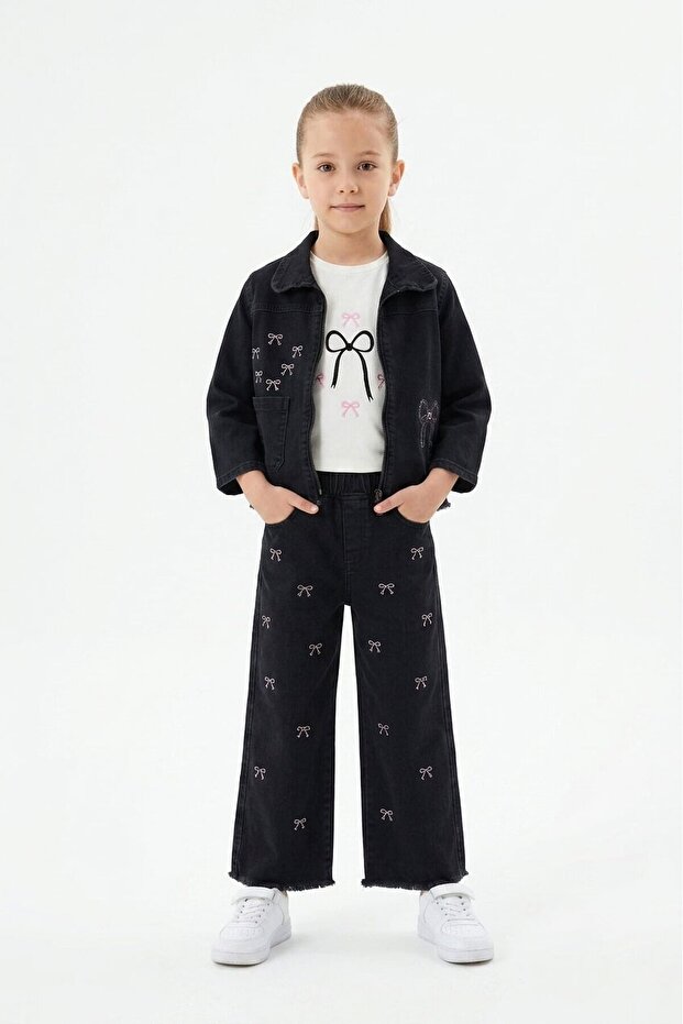 Black Embroidered Zippered Jean Jacket and Trousers Girls' 3-Piece Set 24140