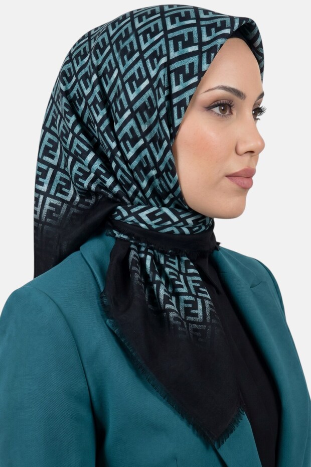 Women's Black Turquoise F Patterned Flared Scarf