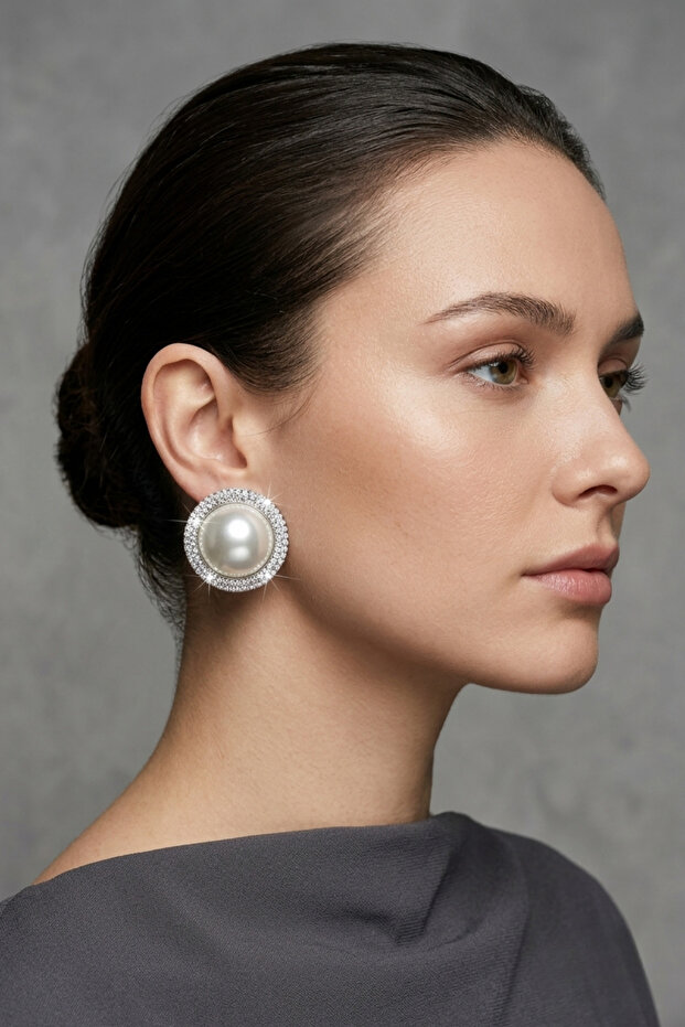 Evening Dress Zircon Stone Pearl Stud Earrings 3 Cm.