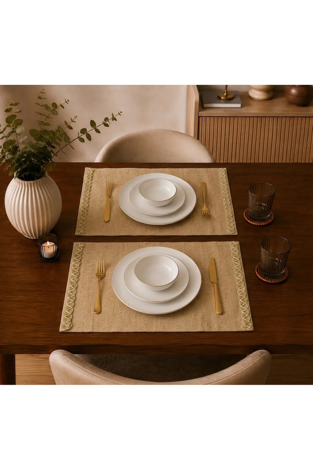 Linen Etamin Fabric, Gold Striped American Service Set of 2