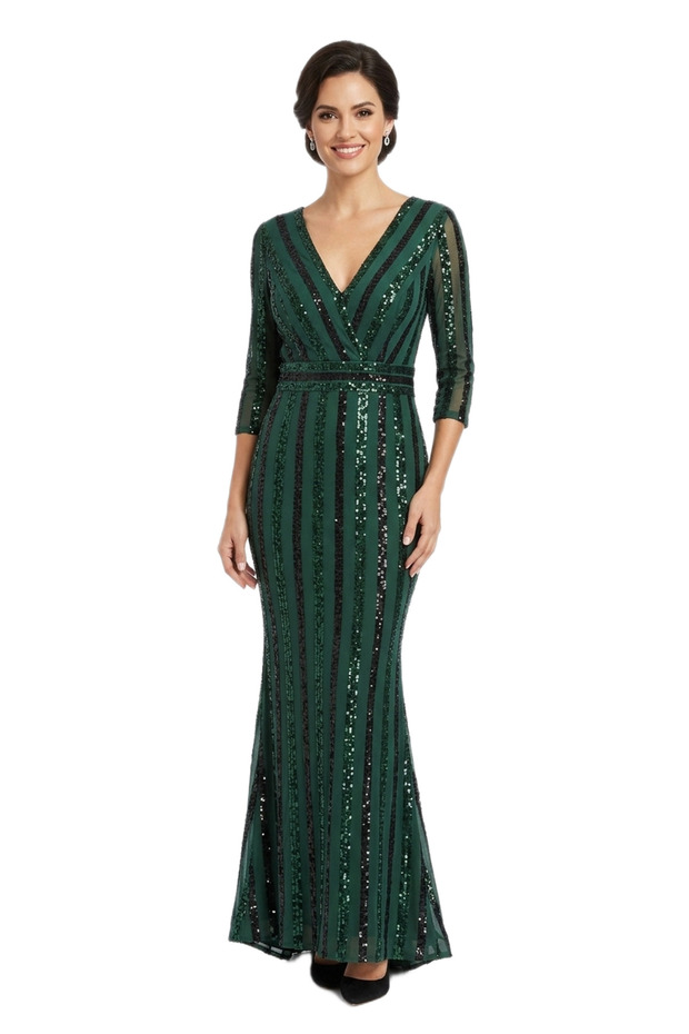 Linear Sequin Embroidered V-Neck Evening Dress