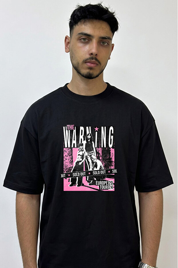 The Warning Design Printed Oversize Black T-Shirt