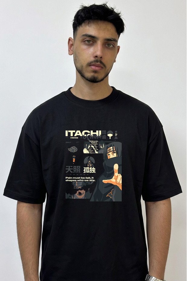 تي شيرت أسود كبير الحجم مطبوع بتصميم Itachi Uchiha_1
