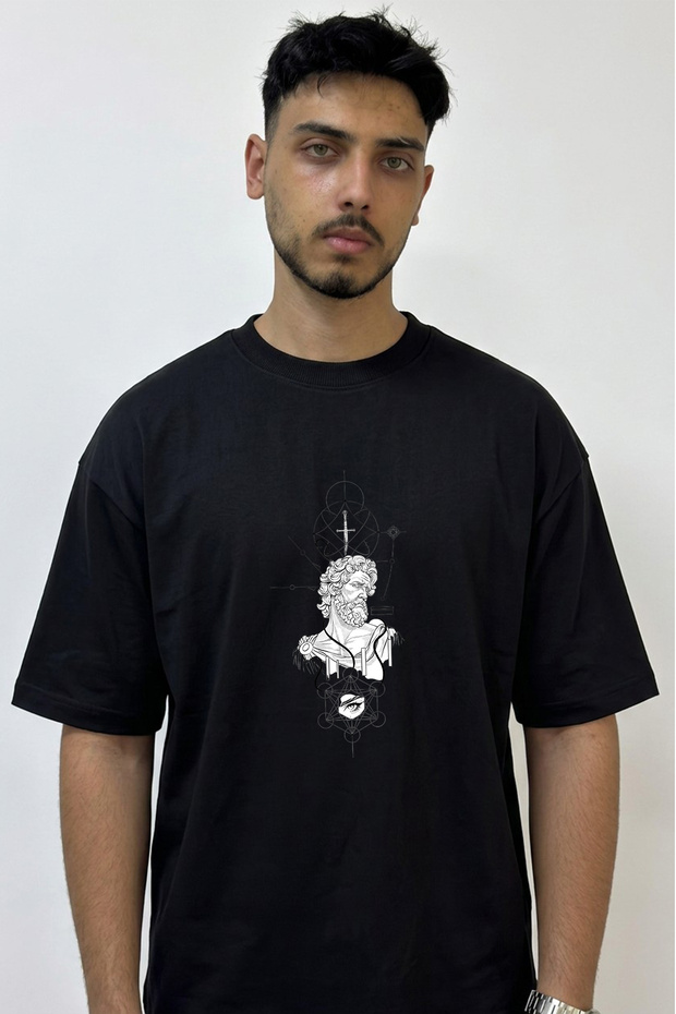 Zeus Sanati Design Printed Oversize Black T-Shirt