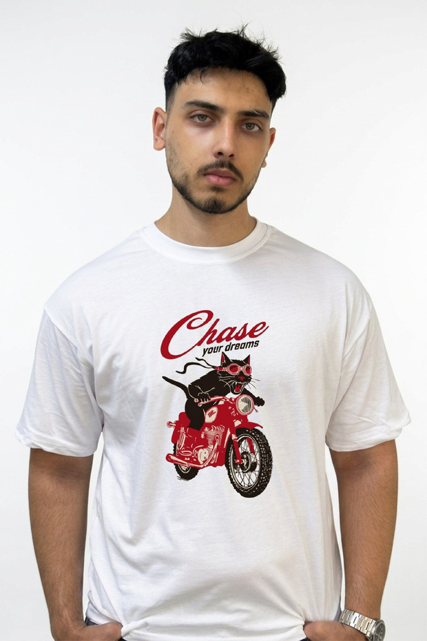 Biker Cat Design Printed Oversize White T-Shirt