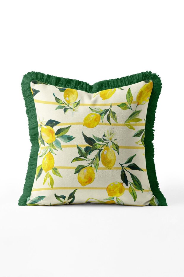 Striped Lemon Pattern Botanical Summer Fringe Throw Pillow Cover - Green Tassel Decorative Pillowcase