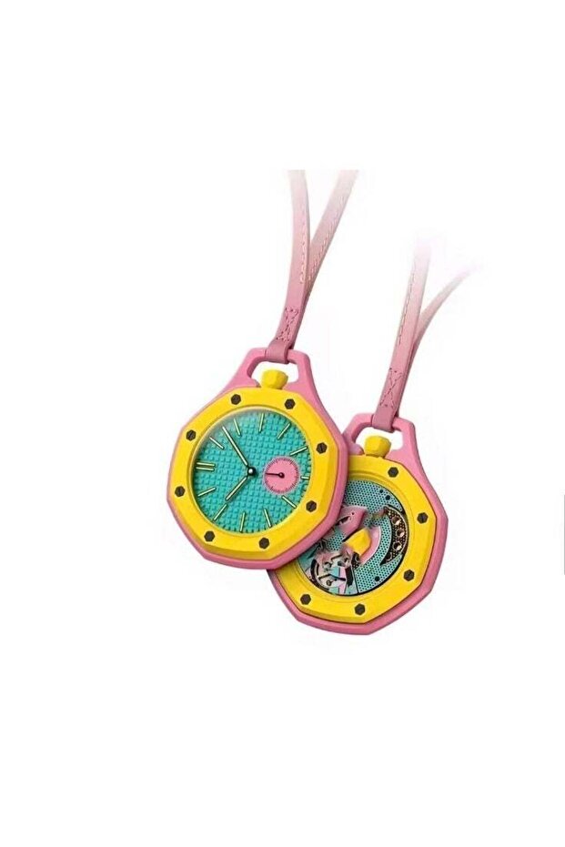 Yellow & Teal Octagonal Designer Pocket Watch – Textured Dial Manual Wind Mechanical Watch
