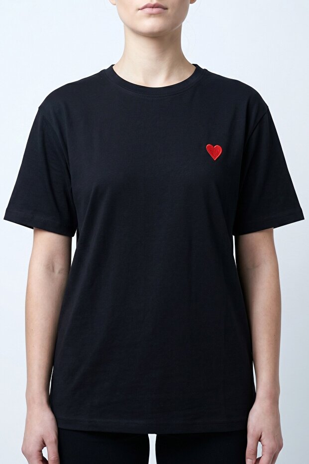 Women's Black Heart Embroidered Cotton T-Shirt