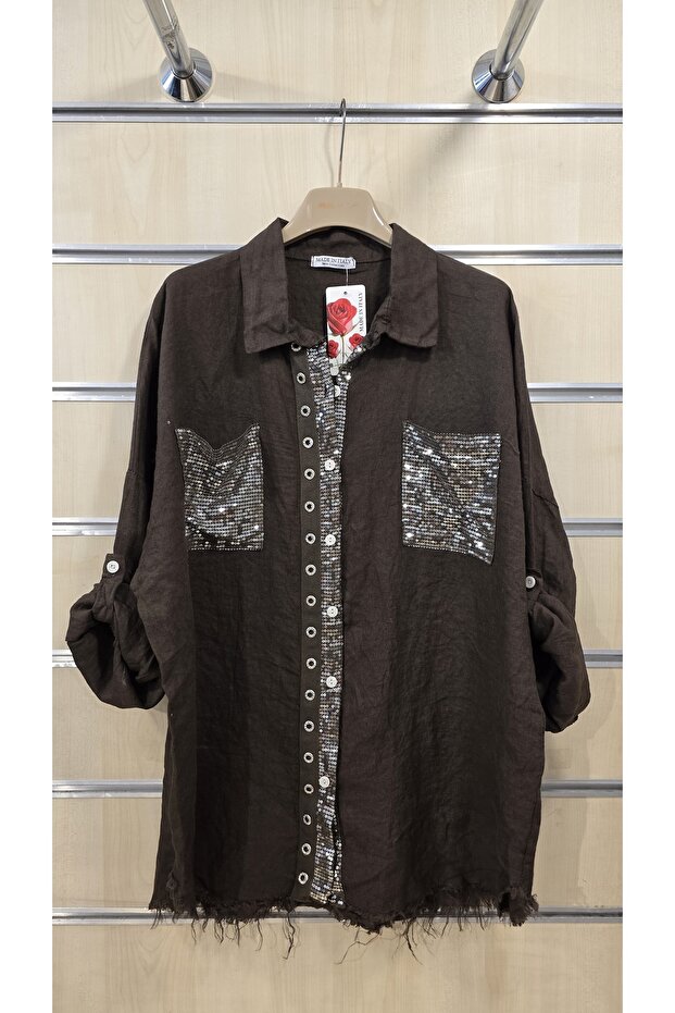 Italian Linen Shirt with Sequin Pocket Detail, Oversized Cut