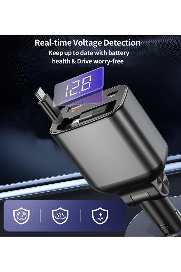 Fast Car Charger 105W Dual USB-C + USB-A, with Stretchable USB-C & Lightning Cable TC0033