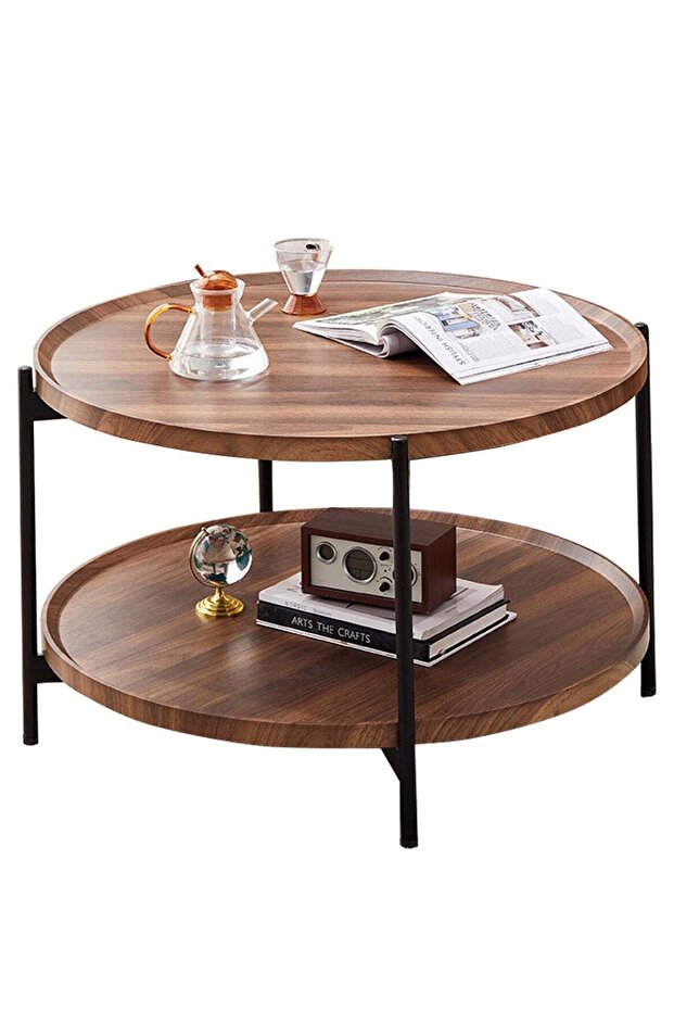 Multifunctional Double-Layer Living Room Sofa Round Table Side Table Walnut Color Waterproof Panel 80*80*50CM